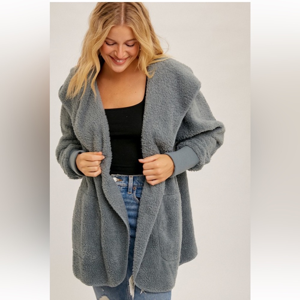 🆕Cardigan Oversized Hooded Cozy Open With Pockets Alpine Trail Blue Gray OSFM